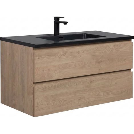 Set mobili da bagno Angela 100 cm – Rovere castagno – Mobile da bagno con lavabo nero
