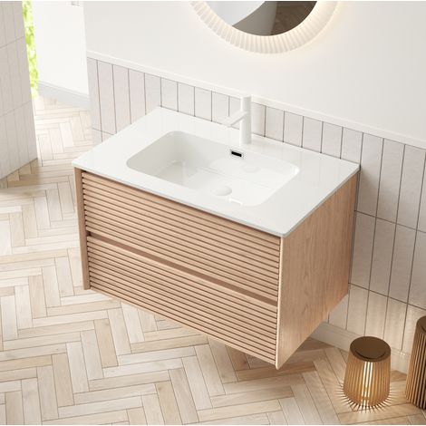 Hängender Badunterschrank 81 cm mit weißem Keramikwaschbecken, 2 Schubladen, Nussbaumoptik (1/5)