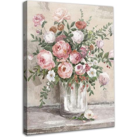 Wandkunst Bauernhaus Stillleben Ölmalerei 12x16 Rosa Blume Gerahmt (1/5)