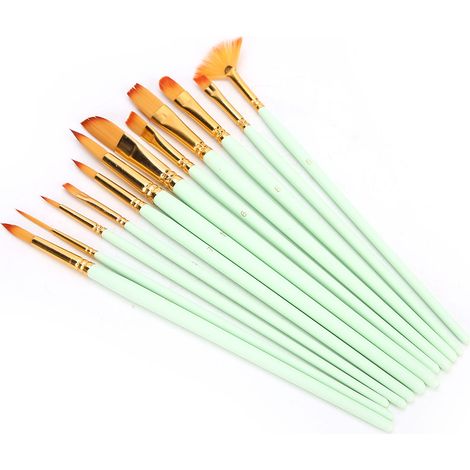 Ensemble de 12 pinceaux en nylon pour aquarelle, outils de peinture artistique et loisirs créatifs. 12 tiges vert mat. (1/5)