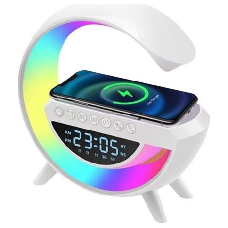 Haut-parleur Bluetooth avec chargement sans fil – Réveil intégré – 13 modes d'éclairage – Design compact pour maison et bureau (1/5)
