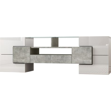 Meuble TV bas élégant, blanc brillant, 145 cm, éclairage LED, meuble de salon, design moderne, surface vitrée élégante.