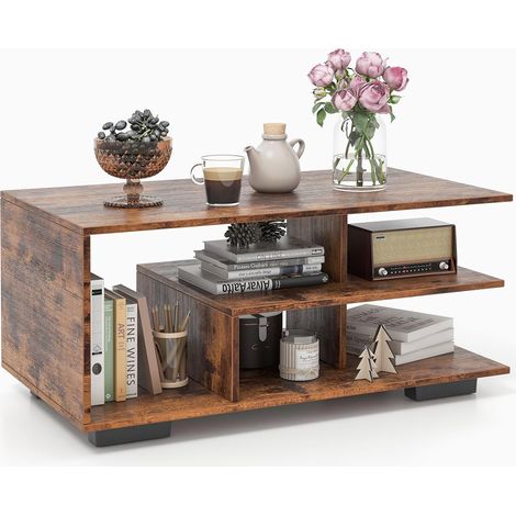 COSTWAY Table Basse avec Rangement, Table Basse Salon avec Etagères, Design Géométrique en L, Grand Compartiment, 90 x 50 x 42 cm (Marron Rustique) (1/5)