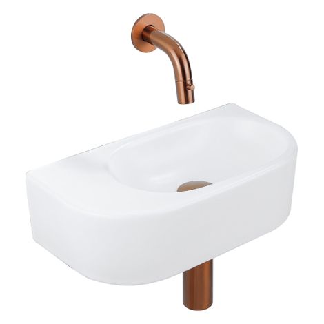 QeramiQ Fuente Ensemble de Lavabo - 40x21.5x12cm - lisse - demi-rond - céramique - ensemble de robinet en cuivre brossé - bouchon de vidange - siphon