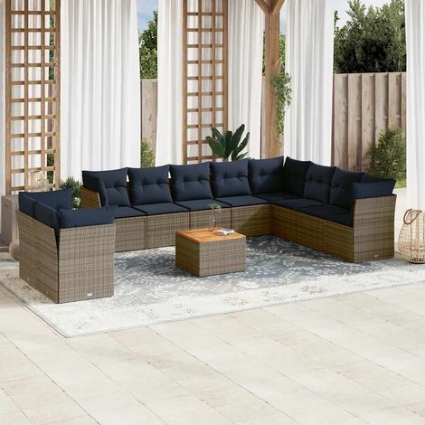 Ensemble Salon Jardin 11 Pièces Résine Tressée Gris avec Coussins Bleu Marine, Table Acacia, Sièges Modulaires à Rangement (1/5)