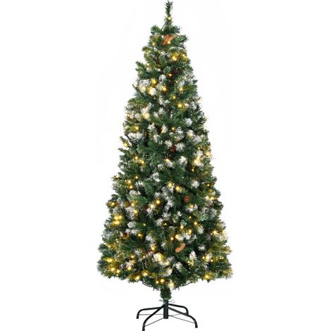 Sapin de Noël Artificiel Pré-illuminé 180 CM, Sapin Fuselé Givré avec 250 Lumières Blanc Chaud, 703 Pointes Givrées, 30 Pommes de Pin, Support Métallique (1/5)