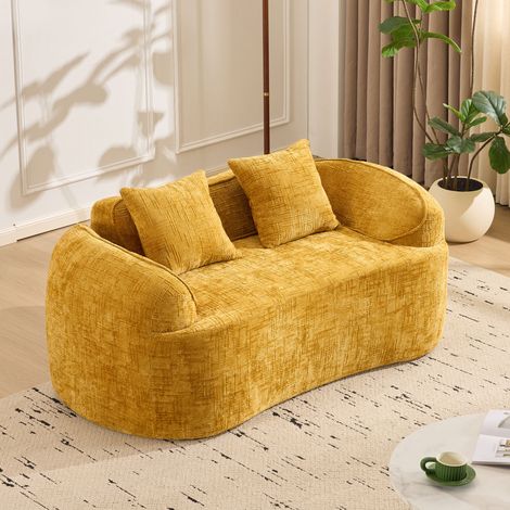 Canapé d'angle jaune incurvé 2 places avec accoudoirs, canapé compressé avec 2 coussins, canapé crème pour petits espaces, salon, chambre, sans montage requis (1/5)