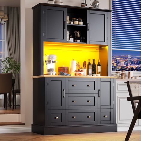 Mobile cucina alto con LED e 3 cassetti 115x40x180 cm nero e legno HAVRYA (1/5)