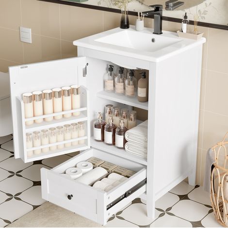 Mobile bagno sotto lavabo a pavimento con lavabo, ripiano portaoggetti, 1 cassetto e ripiano regolabile, in ceramica e MDF, bianco (1/5)