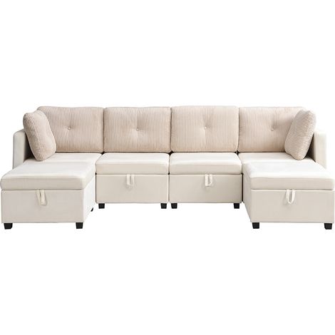 ELVMI Sofá Modular en U 6 Plazas con Almacenaje y Cojines, en Terciopelo y Pana, Beige (1/5)
