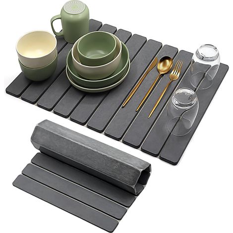 Tapis Egouttoir Vaisselle 60 x 40 cm - Tapis Vaisselle Absorbant en Terre de Diatomées, Hautement Absorbant, Séchage Rapide, Antidérapant, Usage Cuisine (Gris Foncé, 60 x 40 cm) (1/5)