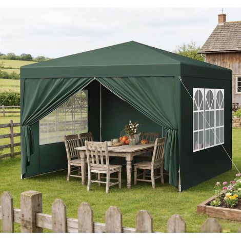 Pérgola gazebo de jardín 3 x 3 m, altura regulable, lona Oxford verde, estructura de hierro DESVIAE (1/5)