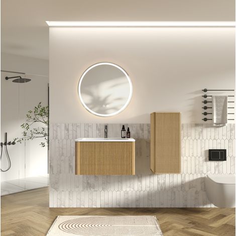 Mueble de lavabo suspendido 80 cm en MDF color roble con espejo LED, ahorro de espacio (1/5)