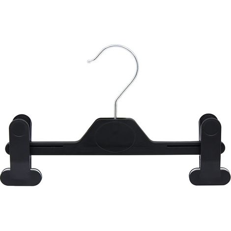 Paquete de 10 perchas de plástico negro con pinzas ajustables, aptas para pantalones y faldas, de 35 cm. (1/3)