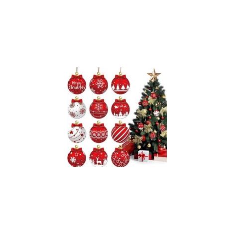 Lot de 12 boules de Noël rouges et blanches à suspendre en bois - Décorations festives pour sapin de Noël avec flocons de neige, rennes et Père Noël