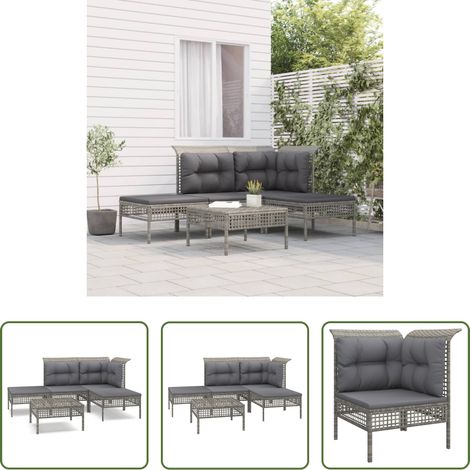 vidaXL Rattan -  5-tlg. Garten-Lounge-Set mit Kissen Grau Poly Rattan (1/5)