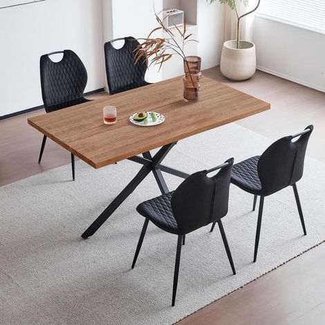 Essgruppe 140cm Esstisch mit 4 modernen Leinenstühlen, dunkle Holzmaserung/Schwarz (1/5)