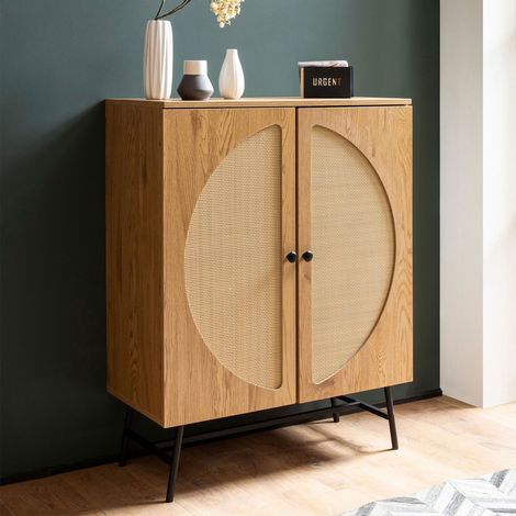 M&S – Buffet haut 2 portes 80x39x103 cm en panneaux agglomérés effet chêne et tissage polyrotin – Style vintage et rustique – Poignées noires