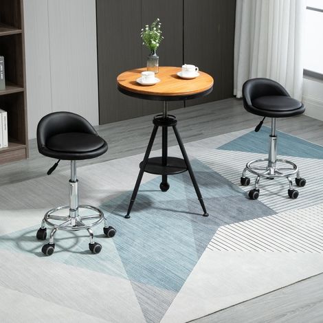 Tabouret à Roulettes avec Dossier, Hauteur Réglable, Repose-Pieds, Rotation à 360 Degrés, Similicuir Noir (1/5)