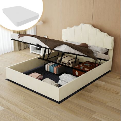 Lit coffre moderne en tissu beige 140x200 cm avec tête de lit rembourrée, relevage hydraulique et matelas inclus