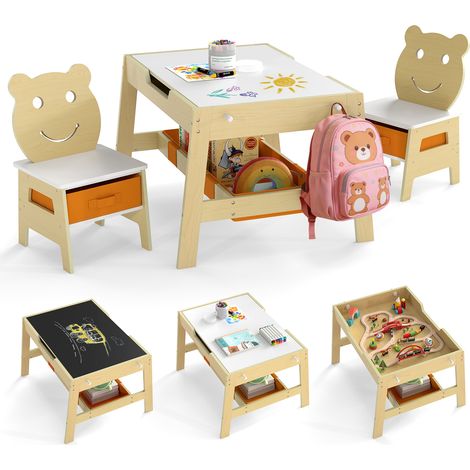 Bureau Enfant 3-10 Ans avec 2 Chaises, avec Tableau Noir/Tableau Blanc Réversible, 4 Crochets, Compartiment de Rangement et Bacs, Naturel (1/5)