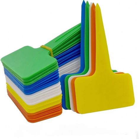 100 Pièces Etiquette Jardin Exterieur Marqueurs en Plastique de Plantes Type T Plastique Etiquette Potager avec Stylo étanche Etiquetage Réutilisable pour Jardin,Exterieur -10 x 6 cm (Multicolo (1/5)