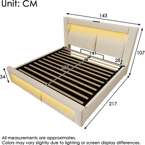 Lit double 140 x 200 cm beige avec matelas, hydraulique, LED connectée, ports USB et tête de lit incurvée en velours