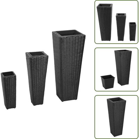 Garten-Hochbeet 3-tlg. Poly Rattan Schwarz - Blumenkübel - Set - Hochbeet - Gartenmöbel - Outdoor Deko (1/5)