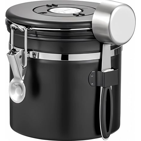 BEBUSINGOTO Recipiente hermético de acero inoxidable para café en grano, 1200 ml de capacidad, con cuchara medidora y fechador. (1/5)