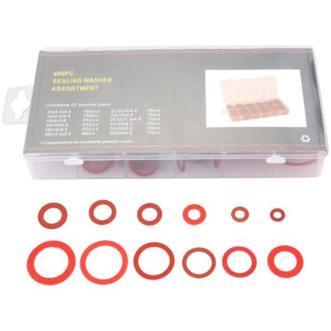 Kit de 600 rondelles plates isolantes en acier rouge, papier et fibre, de 12 tailles différentes, avec boîte. (1/5)