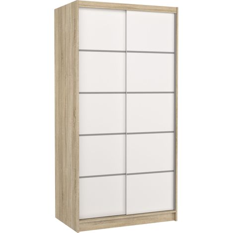 Petite armoire de chambre naturel 2 portes coulissantes en bois blanc Rika 100cm (1/5)