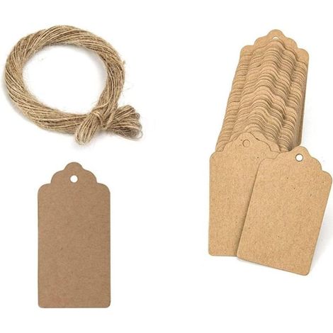 (3 x 5 cm) Lote de 100 etiquetas de papel kraft - etiquetas colgantes con 20 metros de cuerda de yute natural para regalos, bodas, San Valentín (1/5)