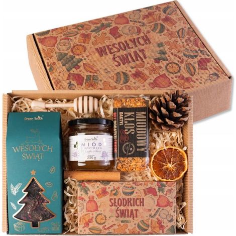 Caja de regalo navideña con set de té, chocolate y barra de miel. (1/5)