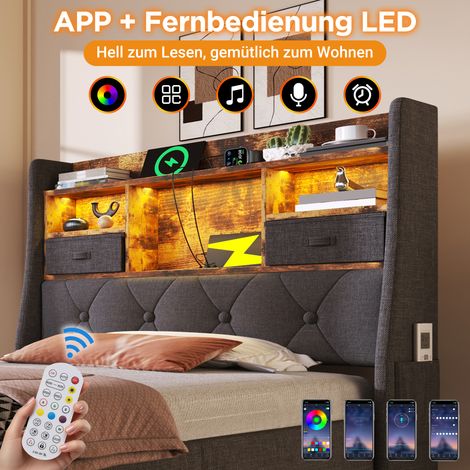 Lit coffre hydraulique 90x200 cm avec tête de lit lumineuse LED, 4 ports de charge (USB/Type-C), sommier à lattes intégré, revêtement en lin gris, literie simple avec matelas inclus (1/5)