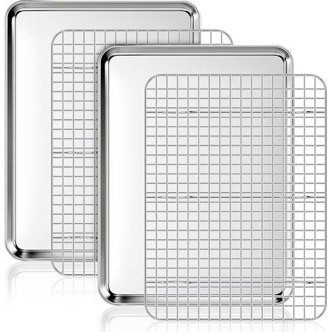 Plaque à pâtisserie avec grille de refroidissement, 2 plaques inox + 2 grilles pour four, plaque rectangulaire 40,5 x 30,5 x 2,5 cm pour cuisiner et servir (1/5)