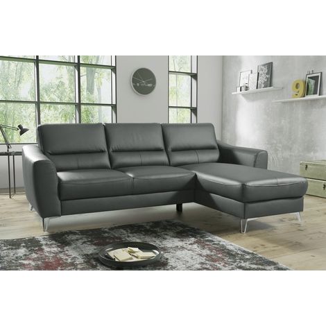 Canapé d'angle convertible en cuir italien de luxe 5 places SANTORIN, avec coffre, gris foncé, angle droit (1/5)