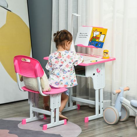 Set bureau et chaise enfants 6-12 ans ajustables en hauteur, pupitre avec lampe, tiroir, crochet, porte-stylo et lutrin, ensemble table et chaise enfant en acier et MDF, rose (1/5)
