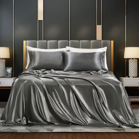 (198x203+36, Gris foncé) Ensemble de housse de couette en satin, ensemble de housse de couette soyeuse 4 pièces, l'ensemble de housse de couette en satin comprend un drap-housse à poches profondes, un