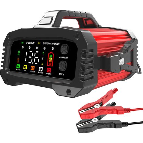 Chargeur intelligent pour batteries de voiture 25 A, chargeur portable 12 V/25 A et 24 V/15 A, courant de charge réglable, boîtier en alliage d'aluminium, avec fonction BOOSTER