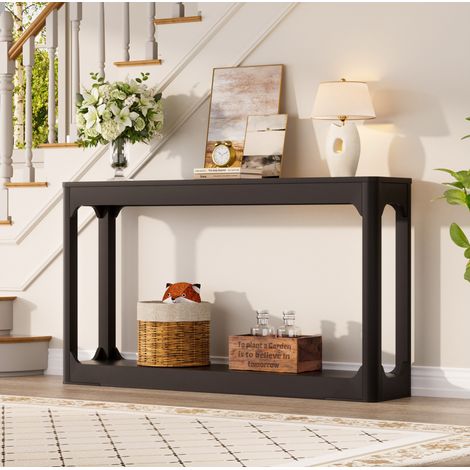 Table console 140 cm à 2 niveaux, MDF noir, pour derrière canapé, entrée et couloir (1/5)