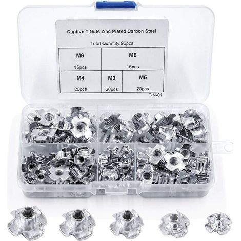 90pcs Ecrou en T 4 Griffes, Ecrous en T en Acier au Carbone, M3/M4/M5/M6/M8, Travail du Bois Meuble, Écrou Inserts en Acier au Carbone T (1/5)