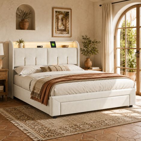 Lit double coffre rembourré 160x200, Cadre avec Étagères de Rangement et 1 tiroir, cadre de lit avec tête de lit rangement, lit capitonné, Lit sommier à lattes, avec LED et USB, Beige
