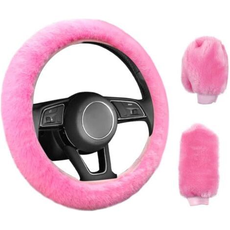 3 Pièces Couverture de Volant de Voiture Anti-Dérapant Élastique Housse de Volant Universelle de Voiture en Peluche Rose avec Housse Frein à Main et Boîte Vitesses (38cm)