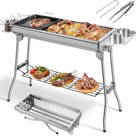 Barbecue à Charbon Pliant Portable, Grill Charbon de Bois XXL, BBQ de Table en Acier Inoxydable, avec Poêle à Frire, pour Barbecue de Jardin, Pique Nique et Camping