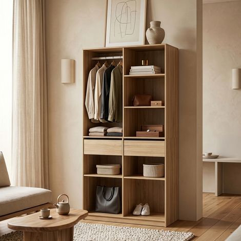Armadio Aperto Vippsaki Guradaroba con Barra Appendiabiti 7 Scomparti e 2 Cassetti 200 x 100 x 50 cm - Effetto Rovere [en.casa] (1/5)