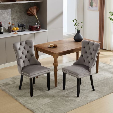 Modern Set of 2 Upholstered Velvet Dining Chairs, Button Tufted Kitchen Lounge Chairs with Solid Wood Legs, Riveted Trim and Knocker Ring, for Dining Room Living Room, Grey (1/5)