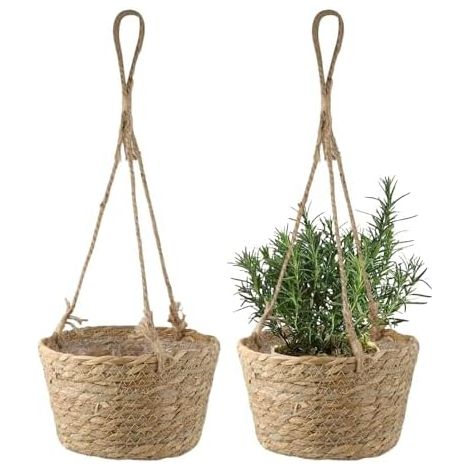 Lot 2 Pots Fleurs Suspendus Jonc de Mer, Boho, 20 cm, Tissé Main, Naturel, Plante, Macramé, Panier, Balcon (1/5)