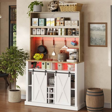 Armoire haute buffet enfilade 110x40x191cm vitrée LED prise porte pliante crochets casier vin cuisine salle à manger, naturel et blanc (1/5)