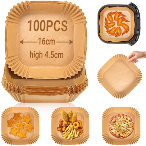 100 Papier Sulfurisé, Carré 16 cm, Antiadhésif, Accessoire Friteuse à Air, Four Micro-ondes, 4.5-6L