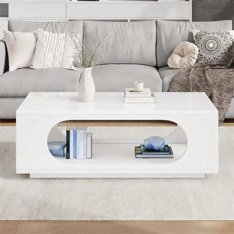 Couchtisch MDF Weiß Hochglanz 100 cm mit LED-App-Steuerung und offenem Stauraum